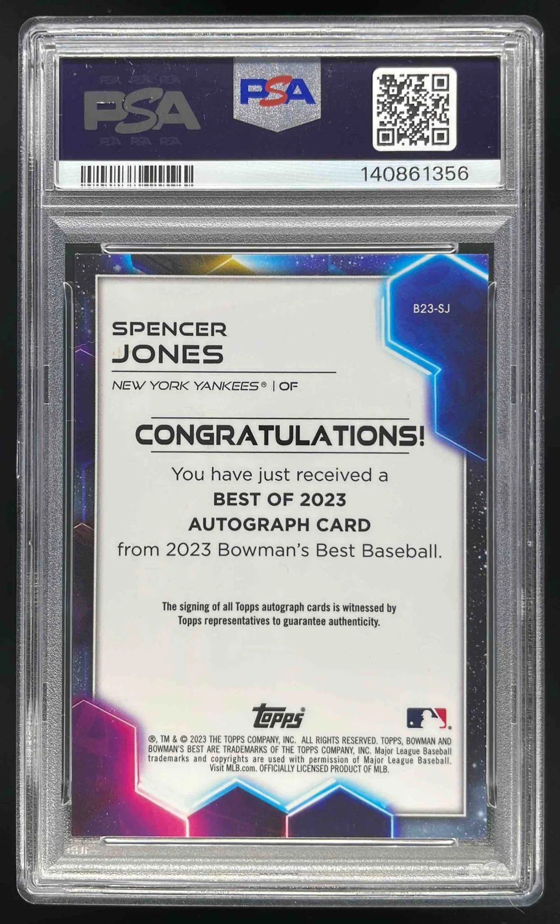 2023 Bowman's Best of 2023 Gold Refractor #B23-SJ Spencer Jones Auto /50 PSA 10 - Image 2