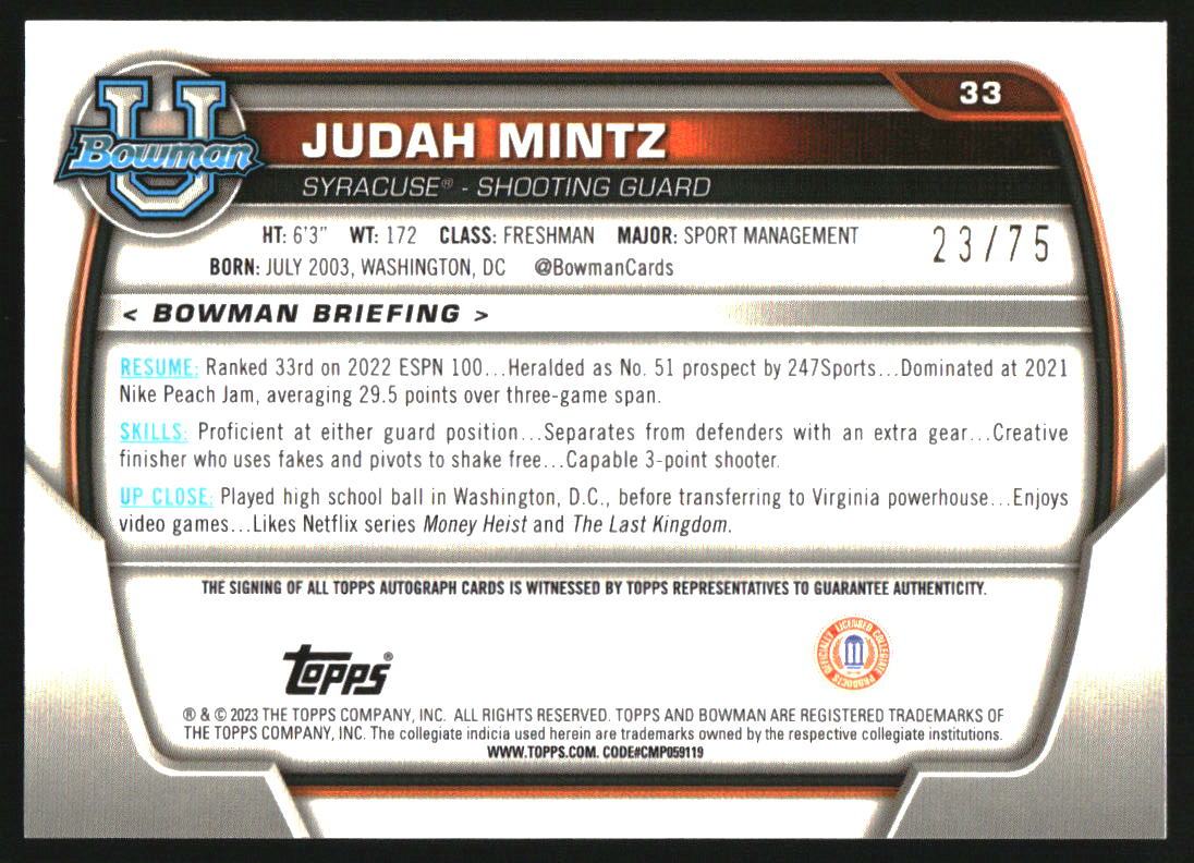 2022 Bowman Chrome University Prospect Autograph Yellow Judah Mintz RC Auto /75 - Image 2