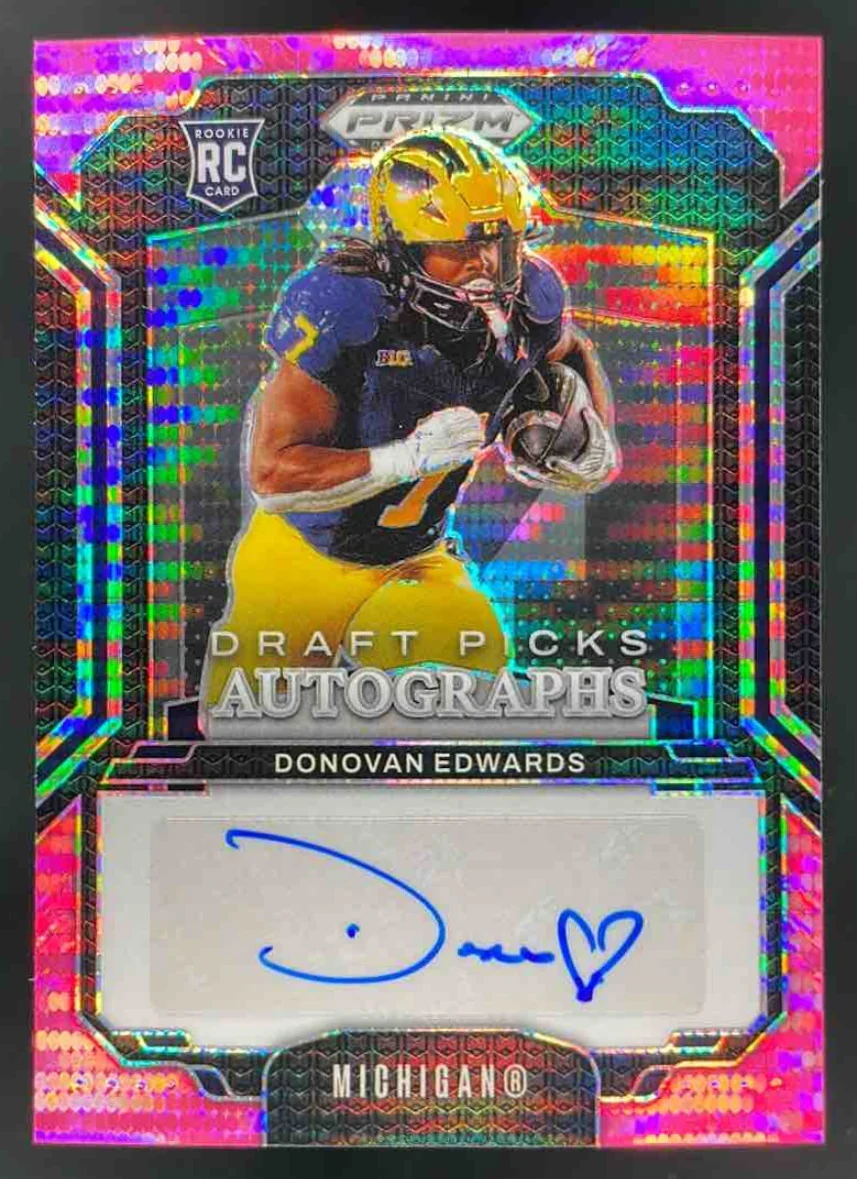 2025 Panini Prizm Draft Picks Neon Pink Pulsar #DPA-DES Donovan Edwards Auto /15