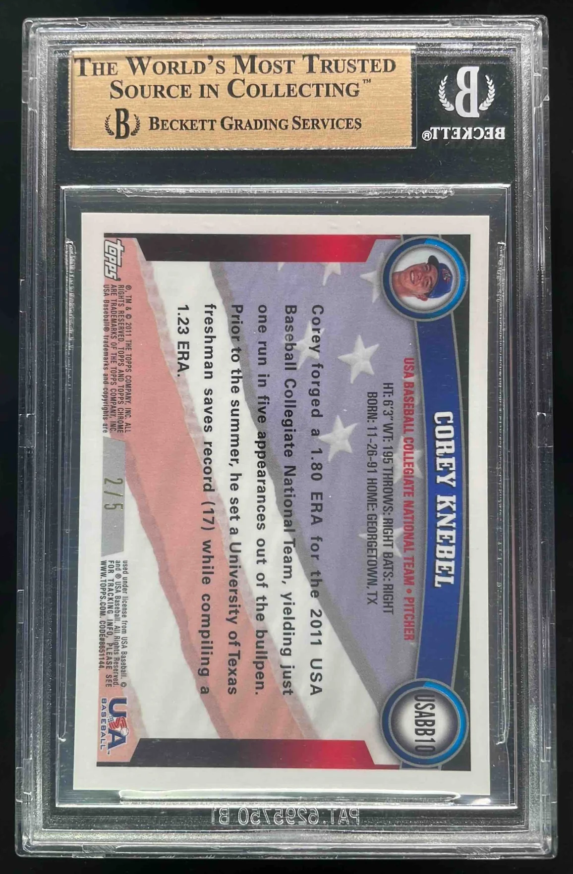 2011 Topps Chrome USA Baseball Red Refractors #USABB10 Corey Knebel /5 BGS 9.5 - Image 2