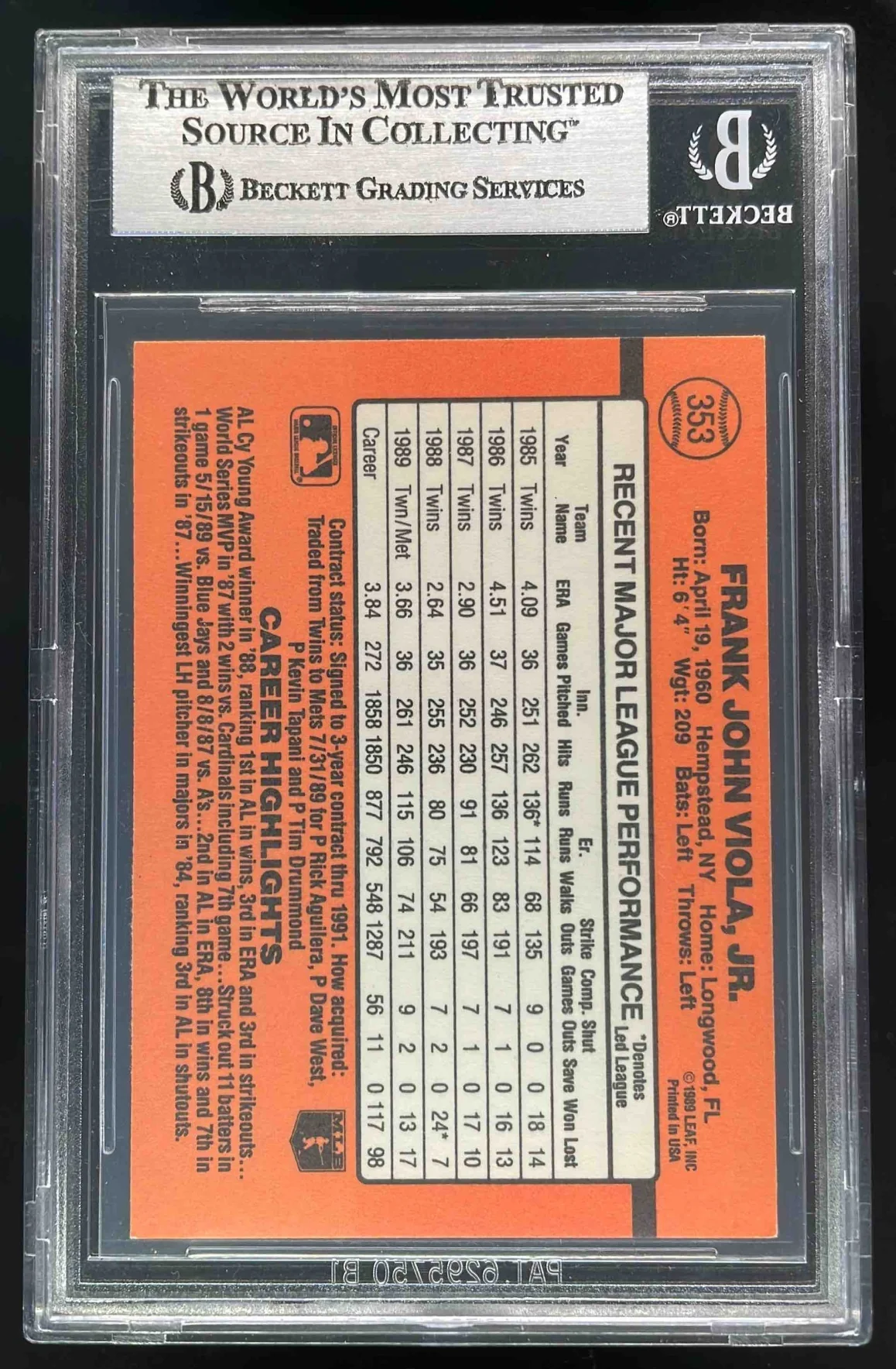 1990 Donruss #353 Frank Viola Autograph Auto BGS Authentic - Image 2
