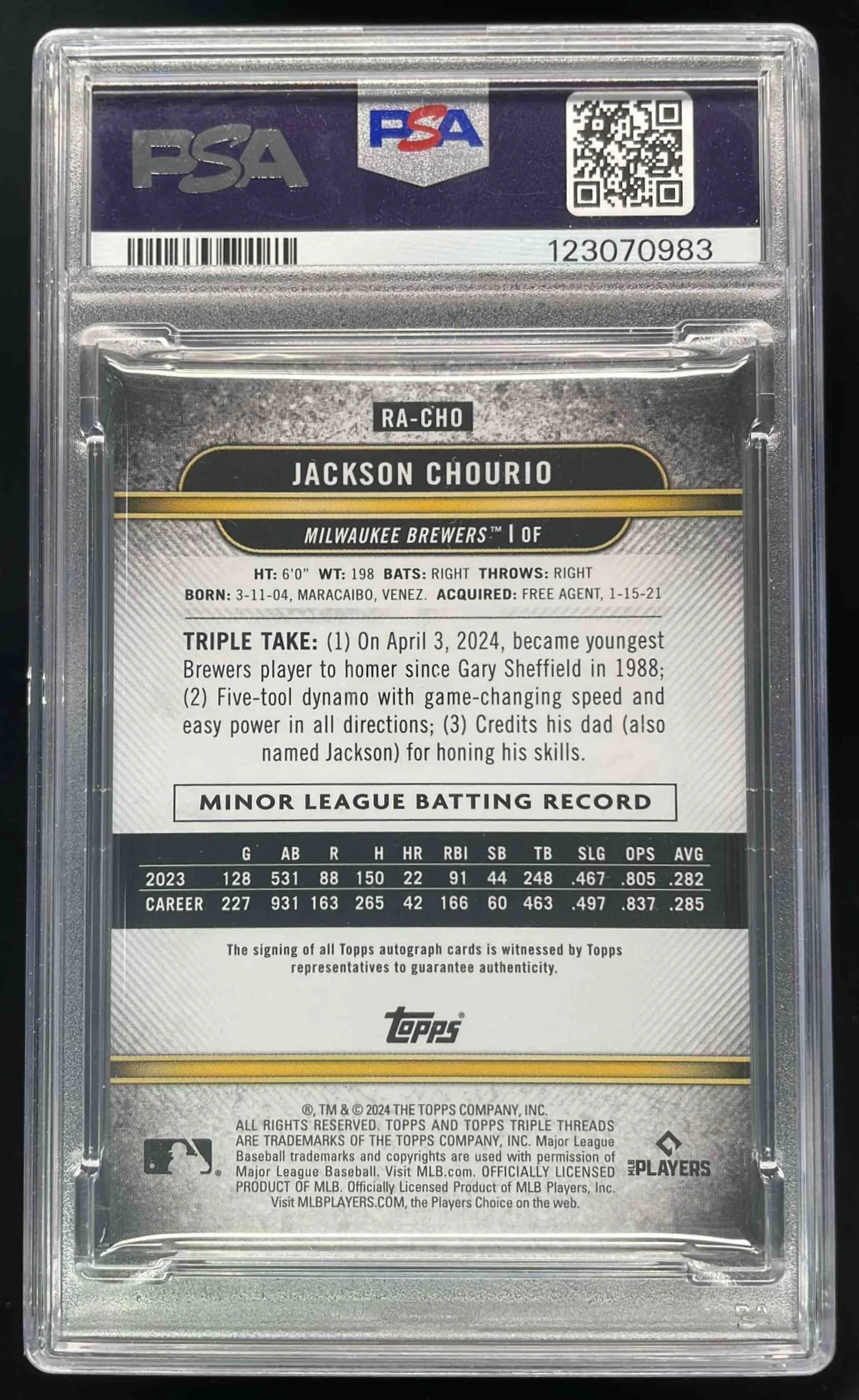 2024 Topps Triple Threads Rookie #RA-CHO Jackson Chourio RC Auto /199 PSA 8 - Image 2