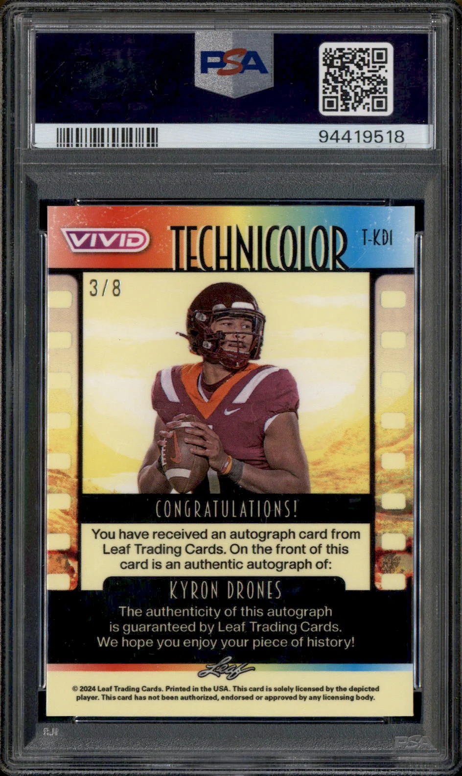 2024 Leaf Vivid Technicolor Auto Red Crystal Kyron Drones Autograph /8 PSA 10 - Image 2