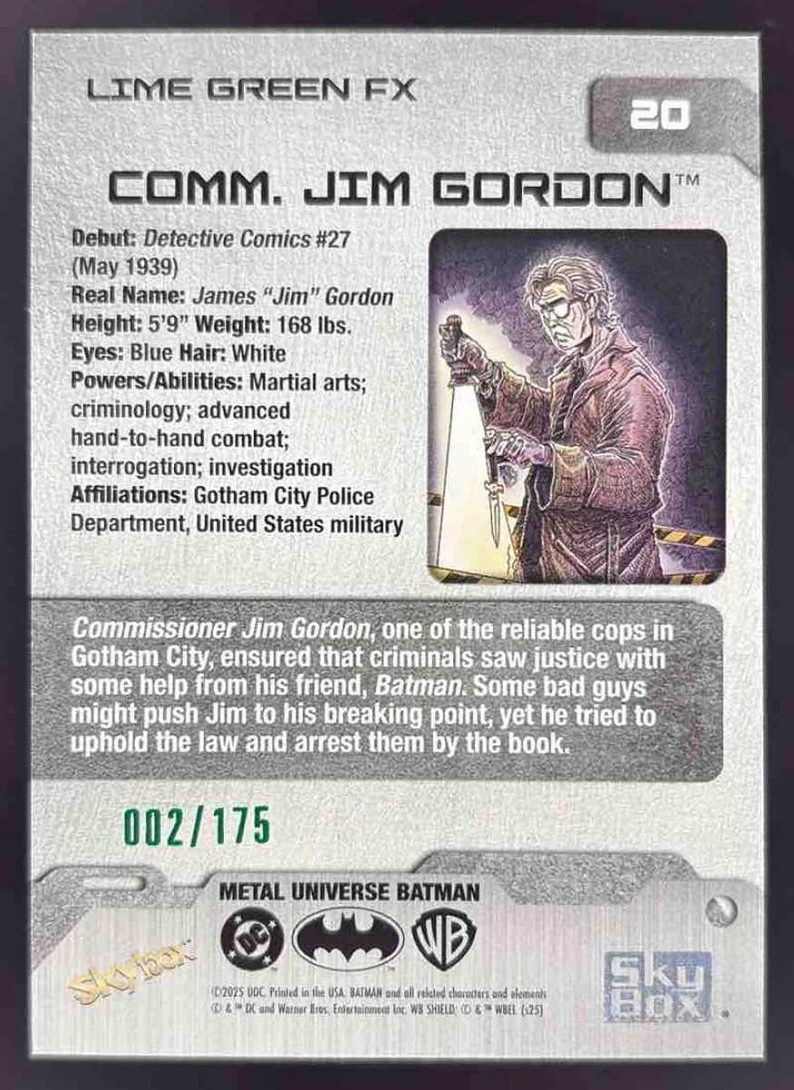 2025 Skybox Metal Universe Batman Lime Green FX #20 Comm Jim Gordon /175 - Image 2