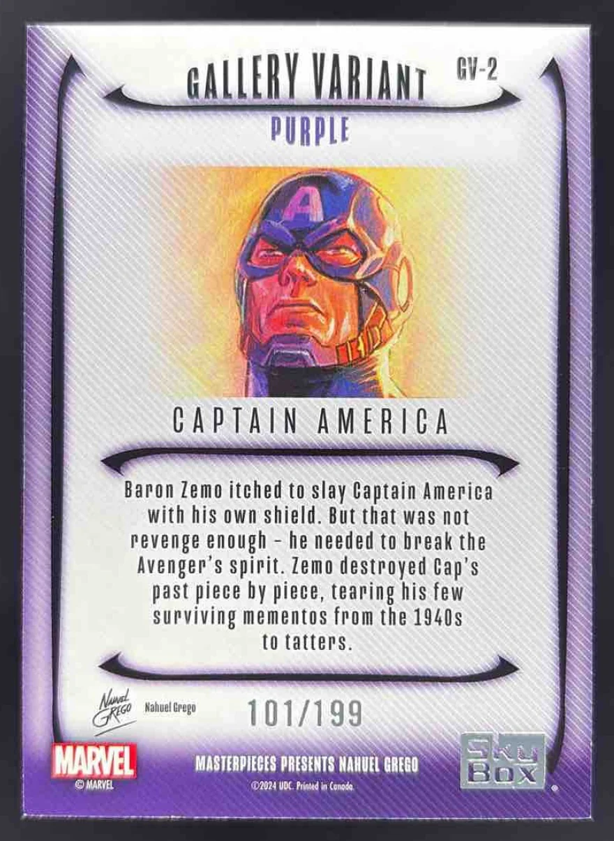 2024 SkyBox Marvel Masterpieces Gallery Variant Purple Foil Captain America /199 - Image 2