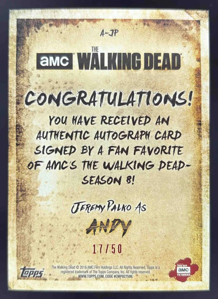 2018 Topps The Walking Dead Autograph Jeremy Palko as Andy Auto /50 - Image 2