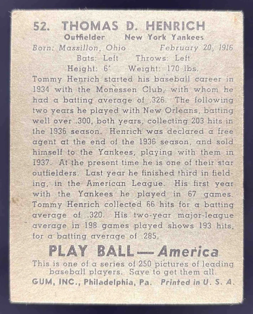 1939 Playball #52 Thomas D Henrich - Image 2