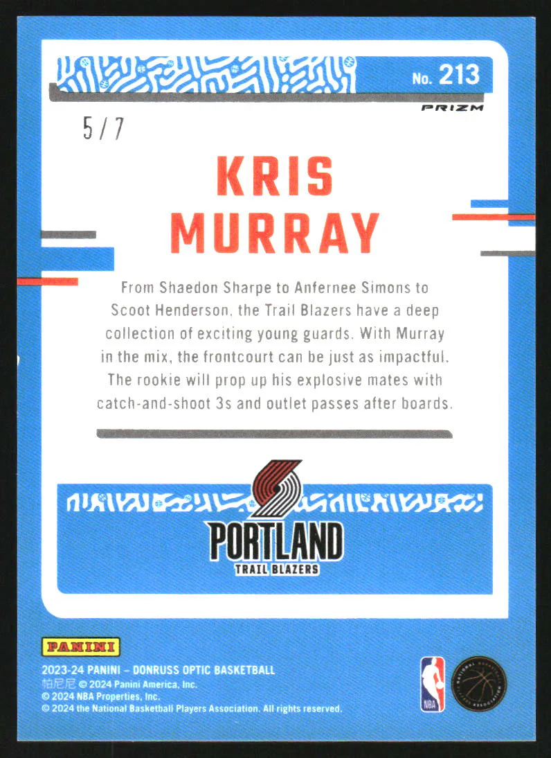 2023-24 Donruss Optic Fast Break Red and Yellow #213 Kris Murray RC Rookie /7 - Image 2