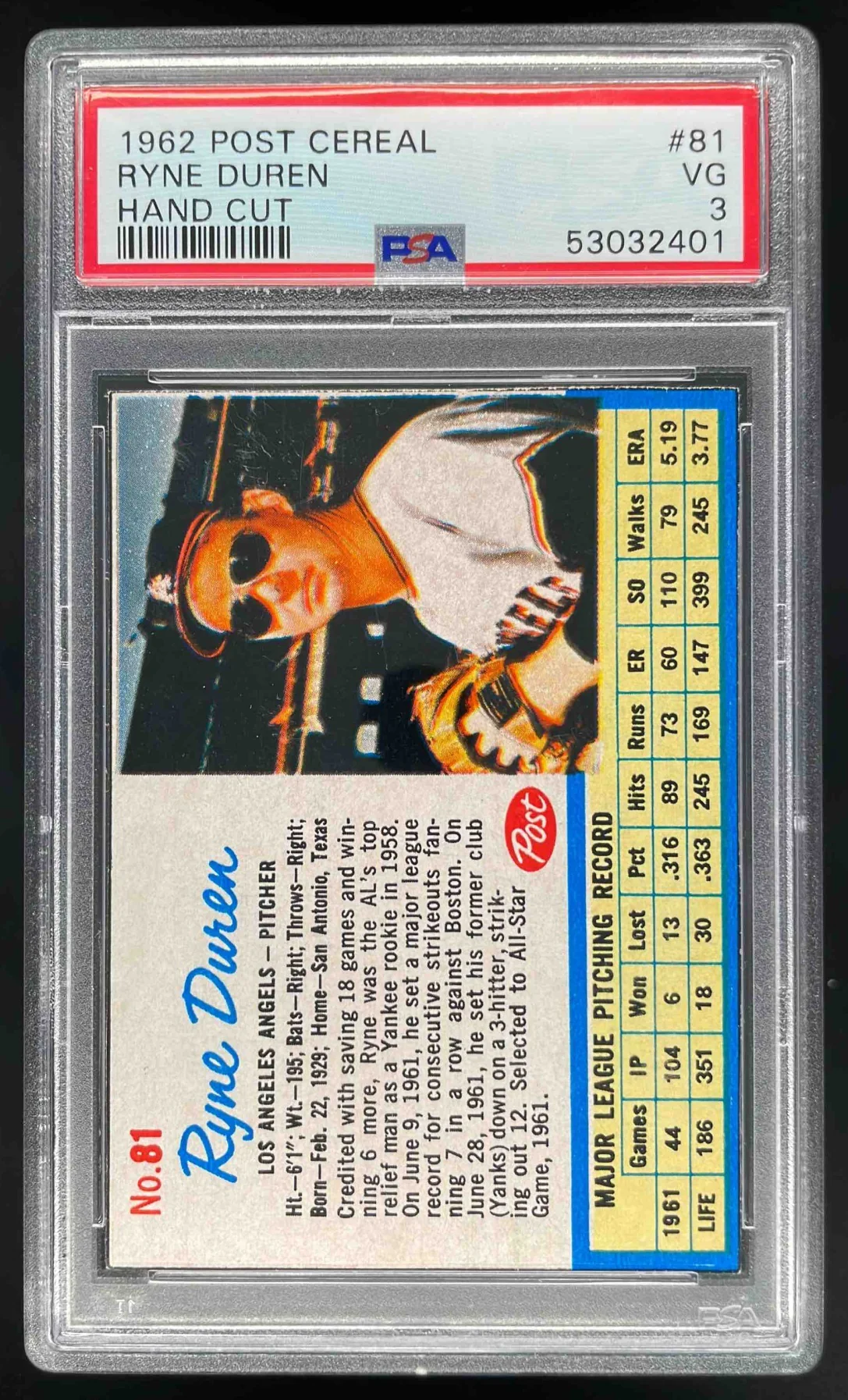 1962 Post Hand Cut #81 Ryne Duren PSA 3