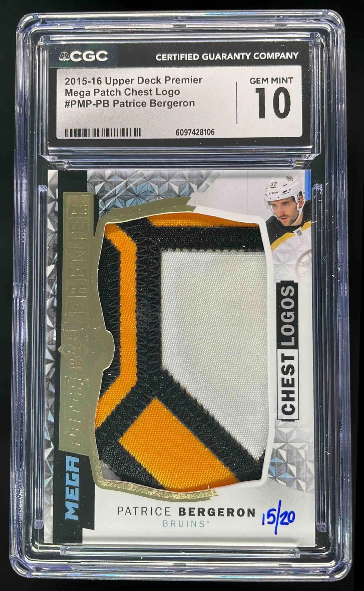 2015 Upper Deck Premier Mega Patch Chest Logo Patrice Bergeron /50 CGC 10
