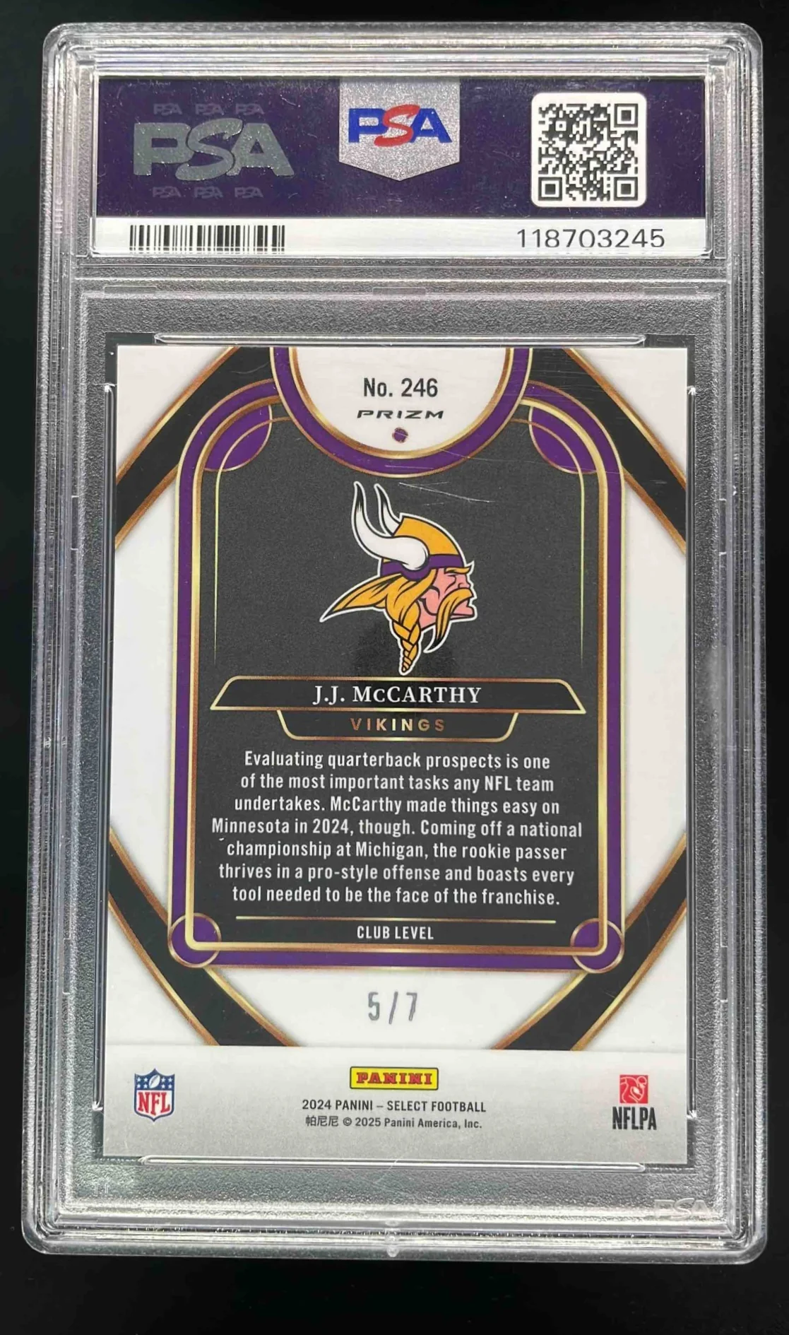2024 Panini Select Club Neon Orange Pulsar Prizm #246 J.J. McCarthy RC /7 PSA 10 - Image 2