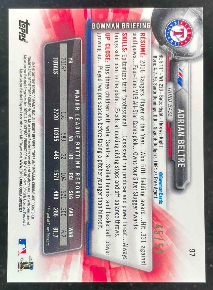2017 Bowman Chrome Gold Refractor #97 Adrian Beltre /50 - Image 2