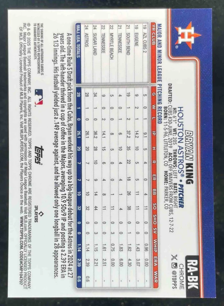 2025 Topps Chrome Rookie Autographs Gold Refractor #RA-BK Bryan King RC Auto /50 - Image 2