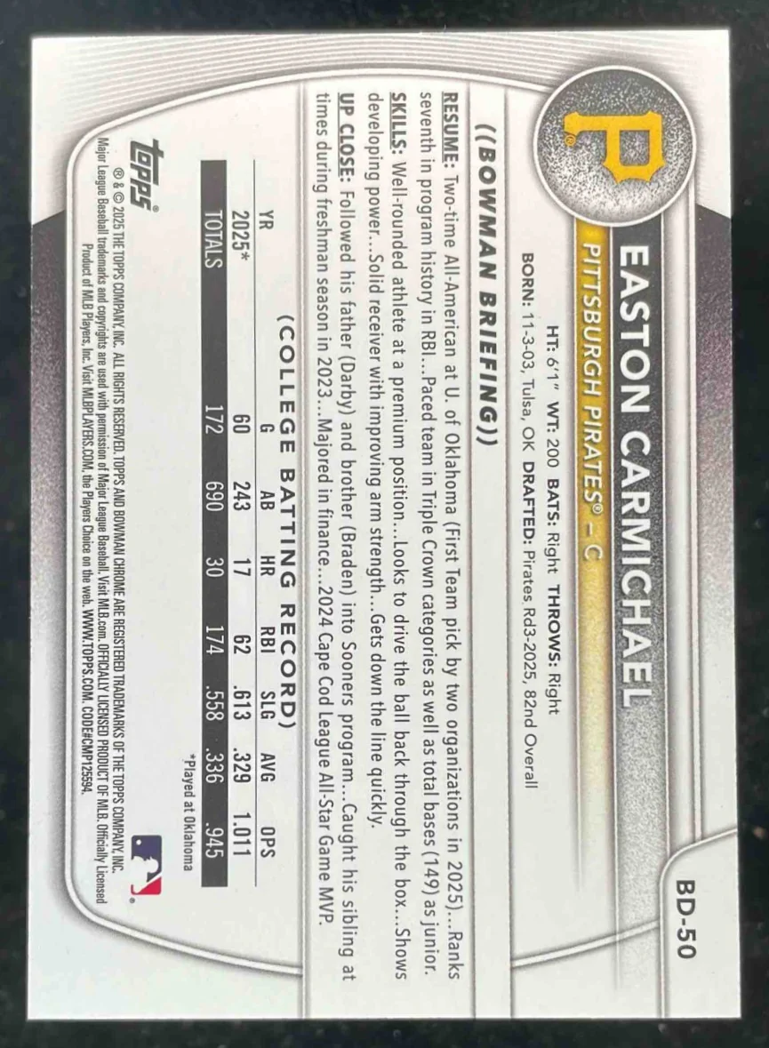 2025 Bowman Draft Orange Border #BD-50 Easton Carmichael RC /25 - Image 2