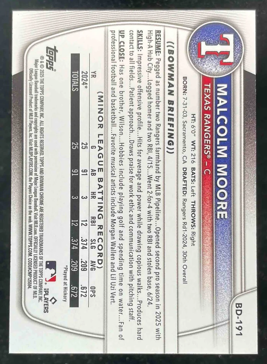 2025 Bowman Draft Red Border #BD-191 Malcolm Moore /5 - Image 2