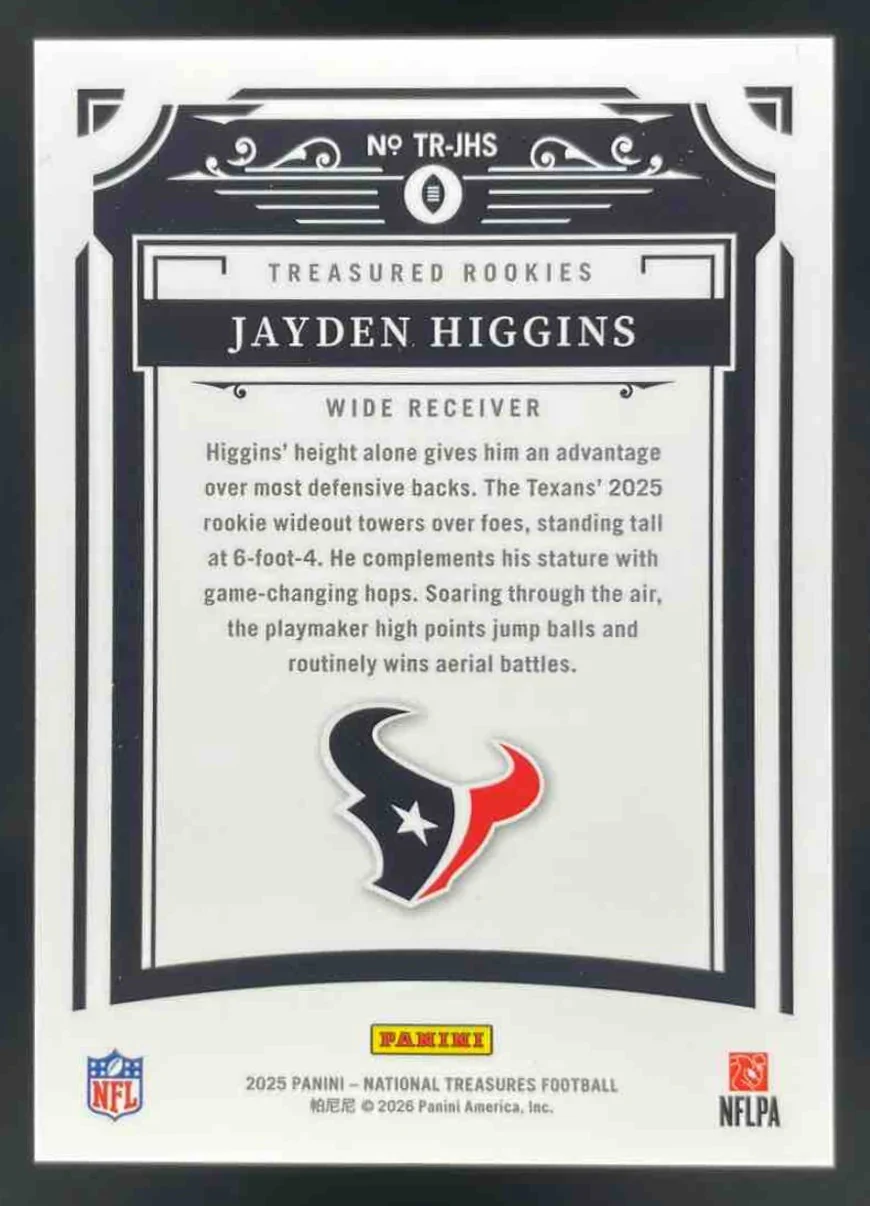 2025 Panini National Treasures Treasured Rookies #16 Jayden Higgins RC /99 - Image 2