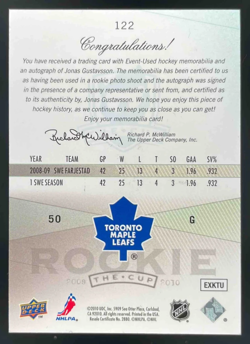 2009-10 Upper Deck The Cup #122 Jonas Gustavsson Autograph RC Auto /249 - Image 2