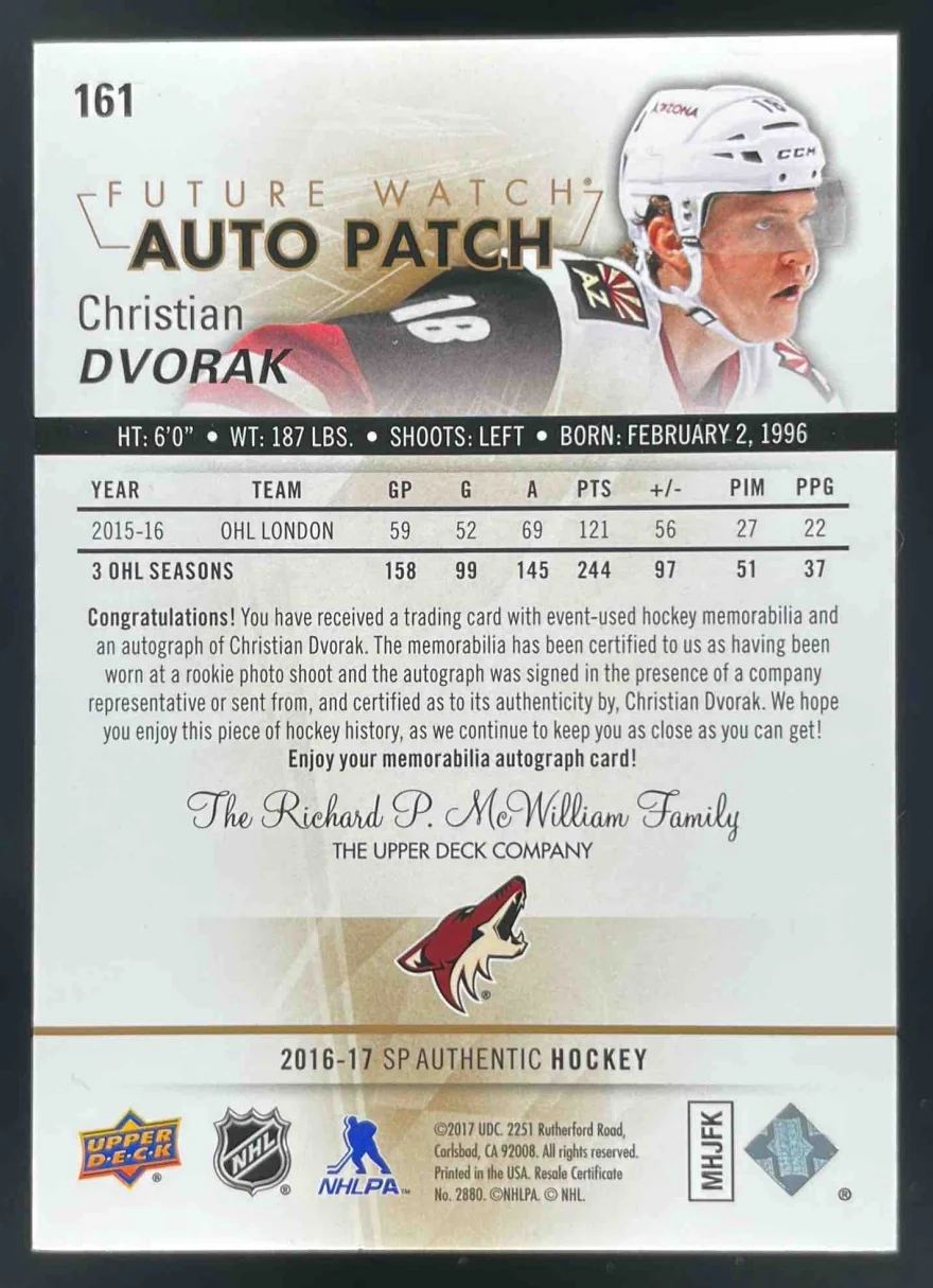 2016 SP Authentic Future Watch Auto Patches #161 Christian Dvorak RC Auto /100 - Image 2