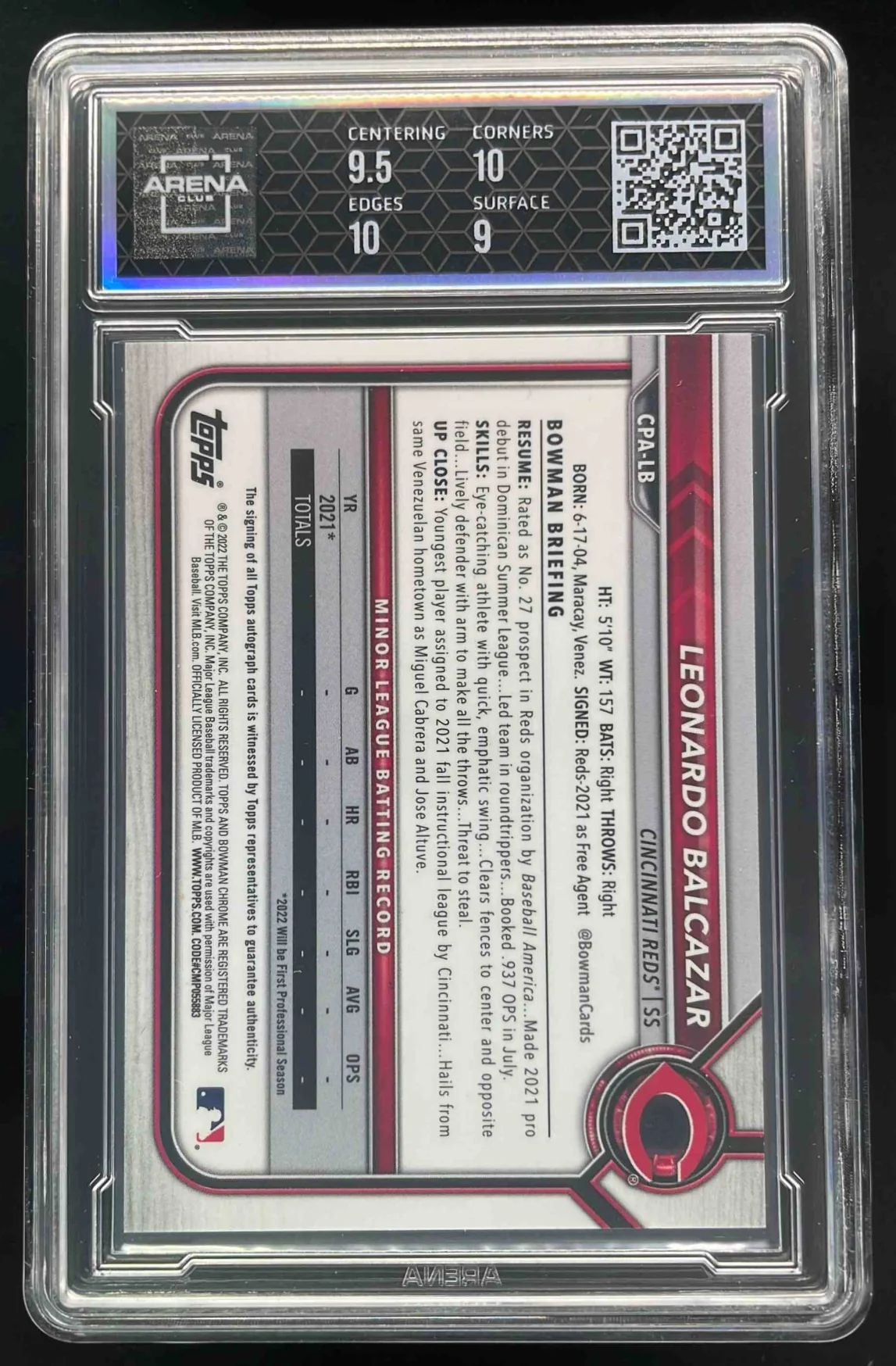 2022 Bowman Chrome Blue RayWave #CPA-LB Leonardo Balcazar RC Auto /150 Arena 9.5 - Image 2