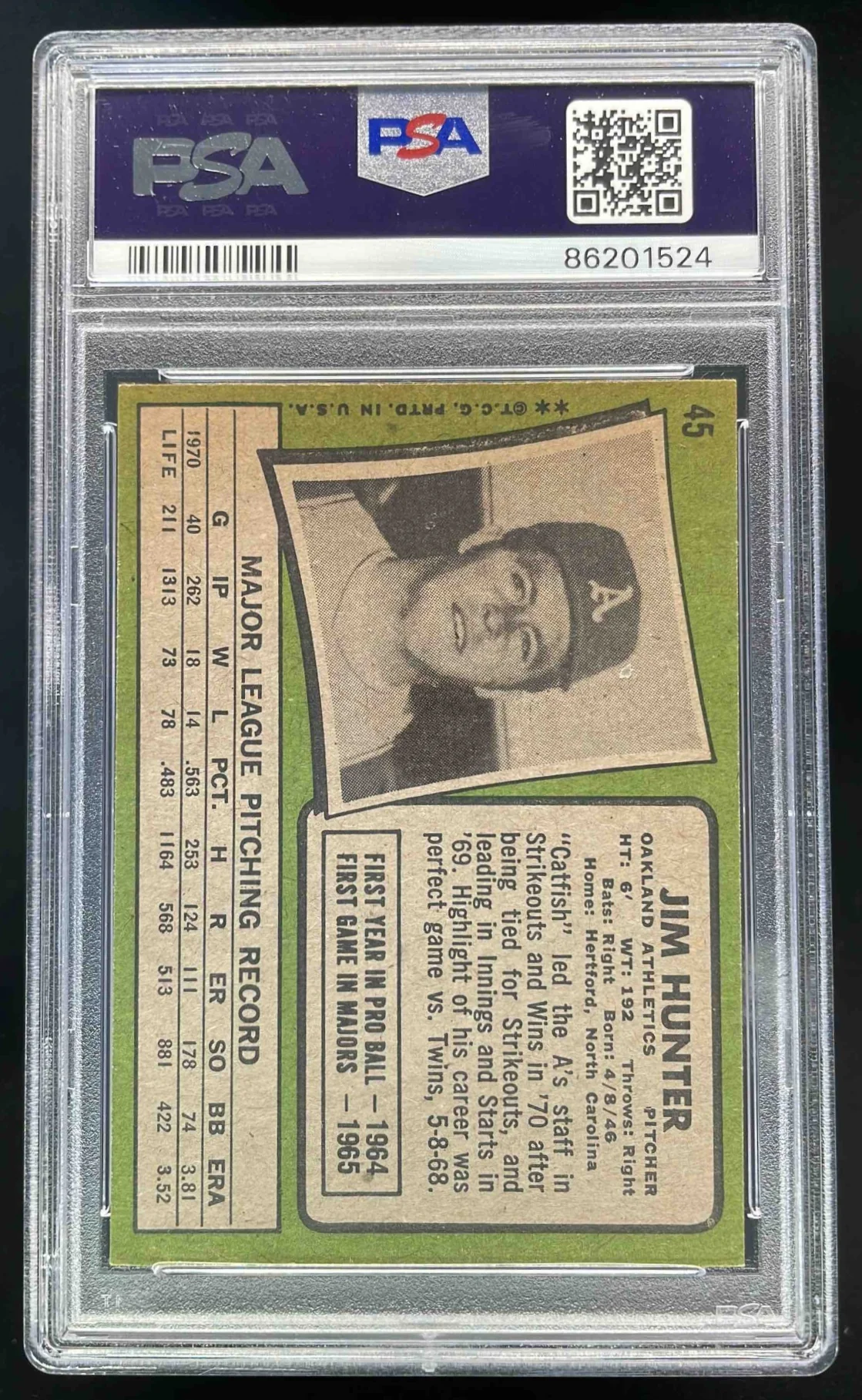 1971 Topps #45 Jim Hunter PSA 3.5 - Image 2