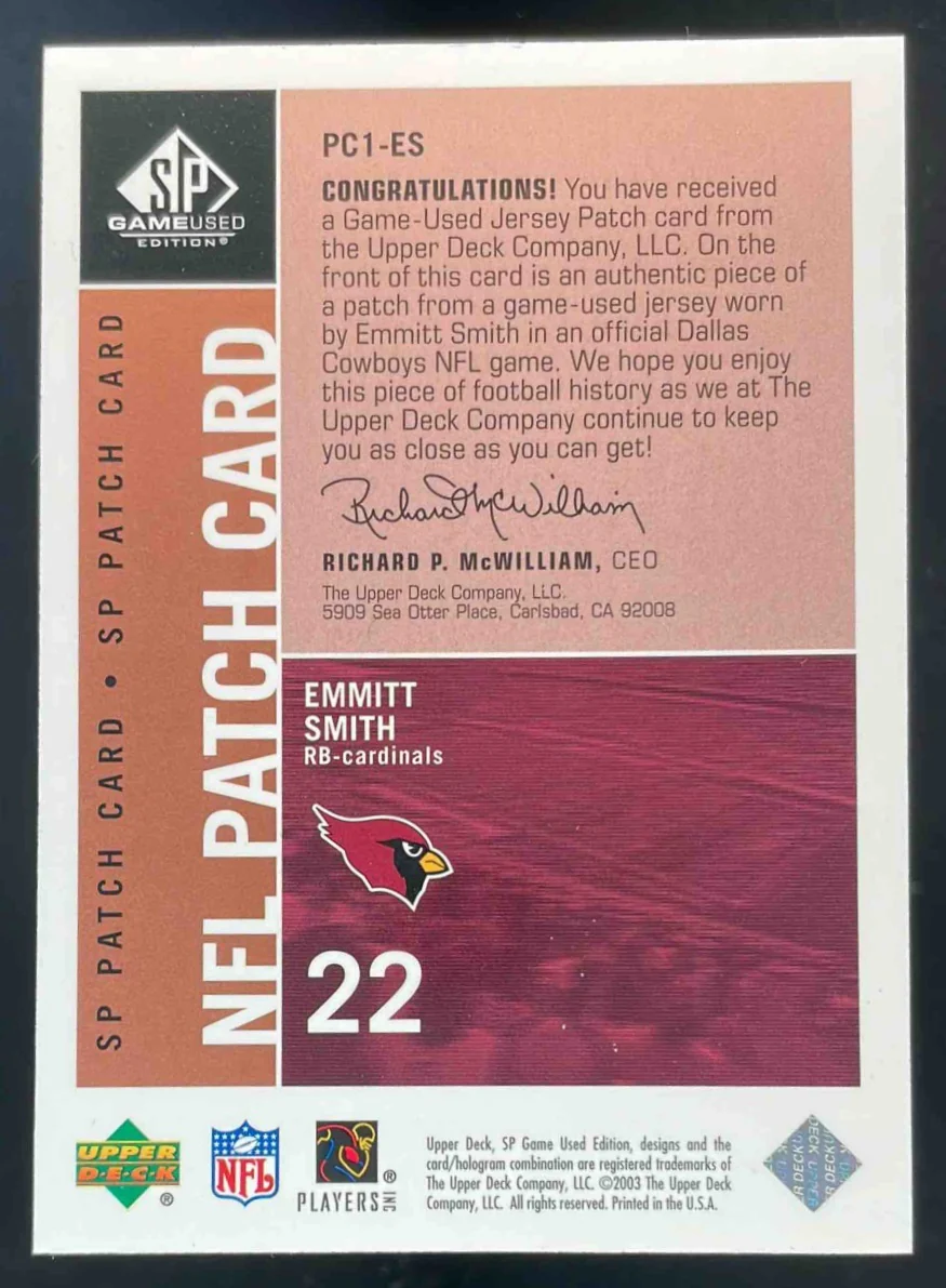 2003 SP Game Used SP Patches Single #PC1-ES Emmitt Smith /99 - Image 2