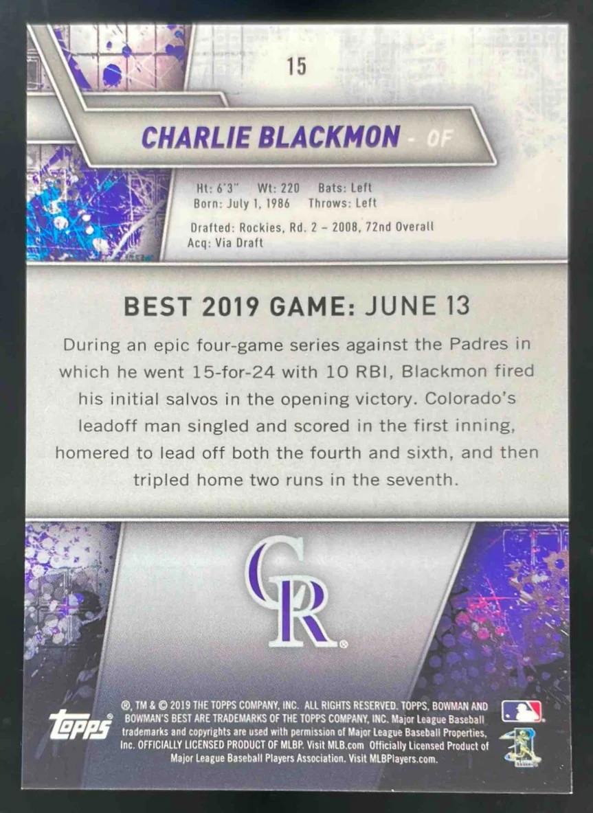 2019 Bowman Bowman's Best Red Refractor #15 Charlie Blackmon /10 - Image 2