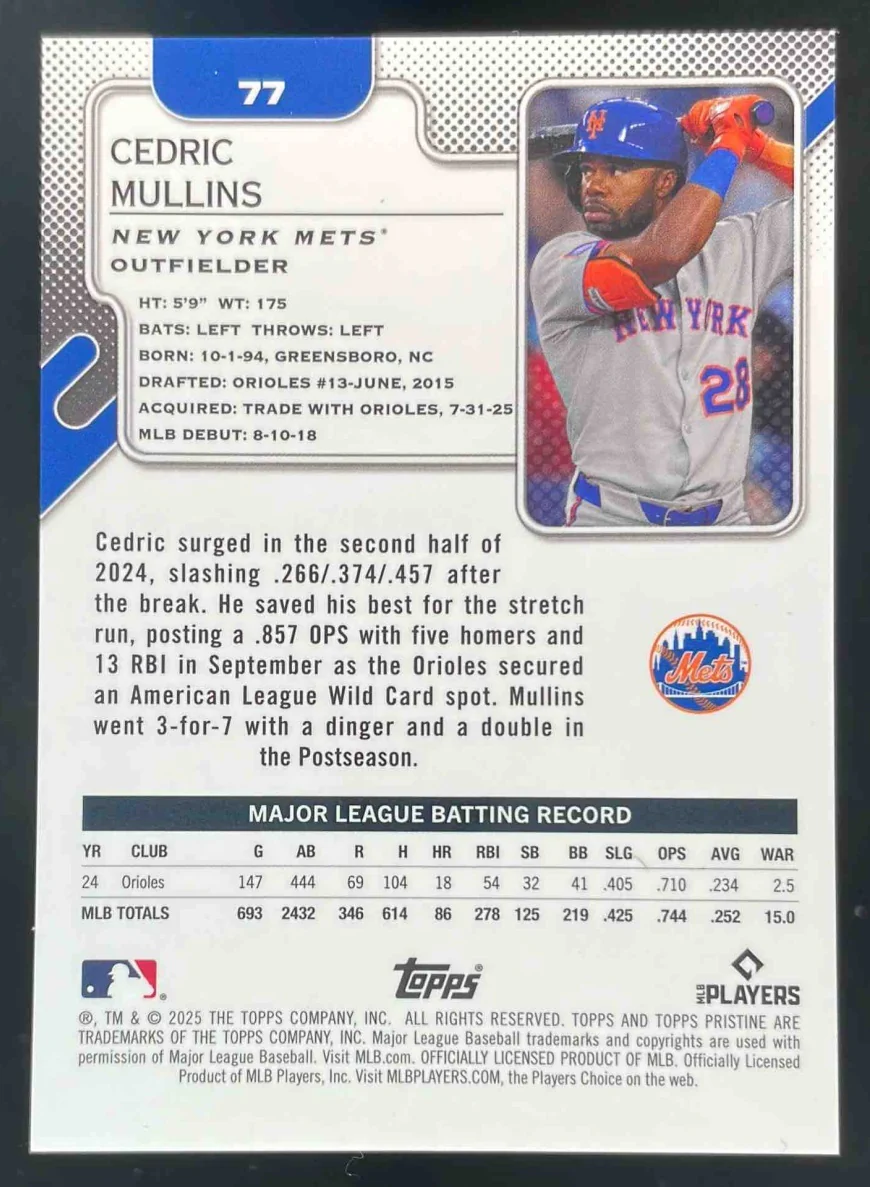 2025 Topps Pristine Red Refractor #77 Cedric Mullins /5 - Image 2
