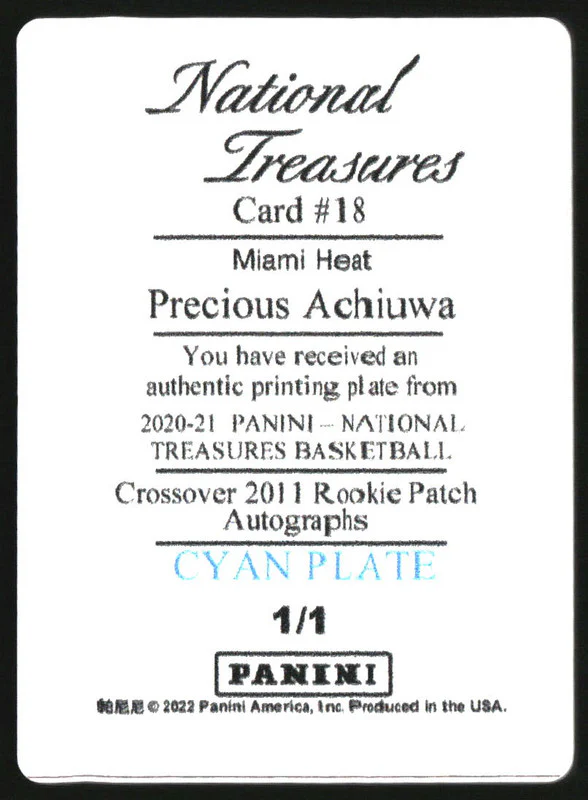 2020 National Treasures Printing Plate Cyan Precious Achiuwa RC 1/1 - Image 2
