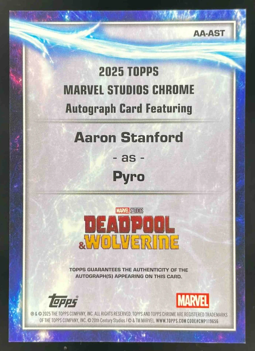 2025 Topps Chrome Marvel Studios Autograph #AA-AST Aaron Stanford as Pyro Auto - Image 2