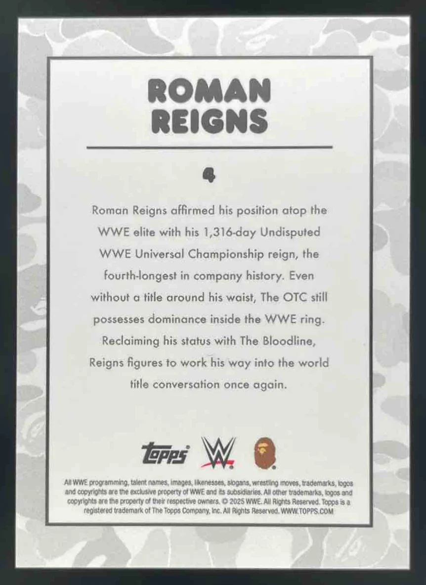 2025 Topps WWE x Bape Purple Camo #4 Roman Reigns /75 - Image 2