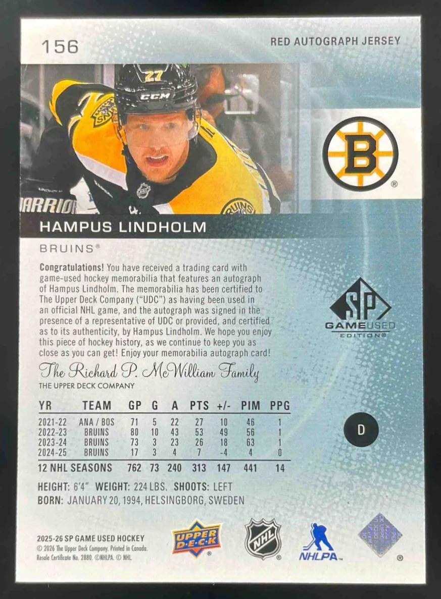 2025-26 Upper Deck SP Game Used Red Auto Jersey #156 Hampus Lindholm /149 - Image 2