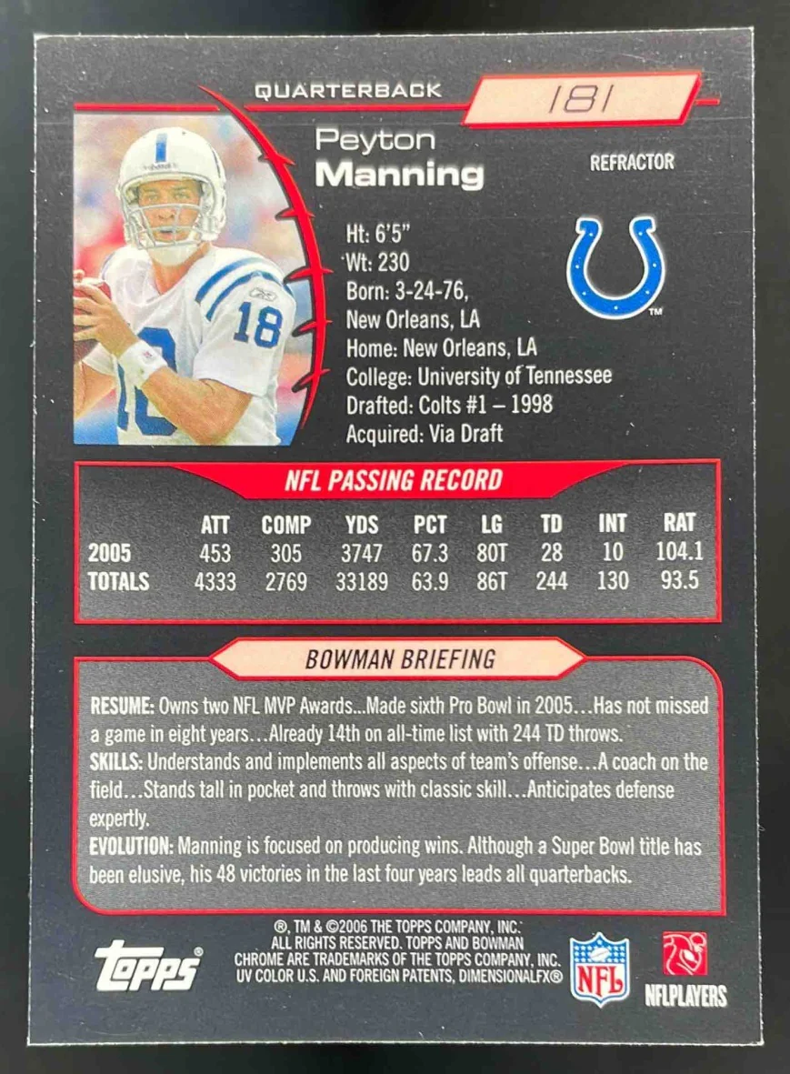 2006 Bowman Chrome Refractors #181 Peyton Manning - Image 2