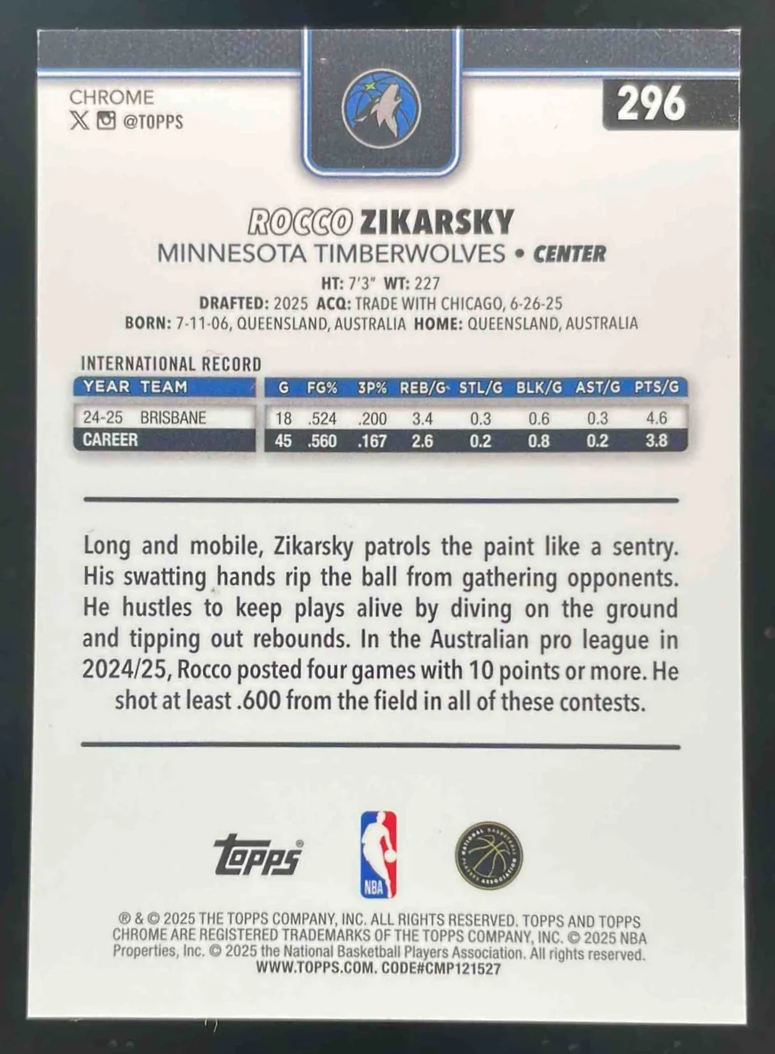 2025-26 Topps Chrome Pulsar Gold Refractor #296 Rocco Zikarsky RC /50 - Image 2