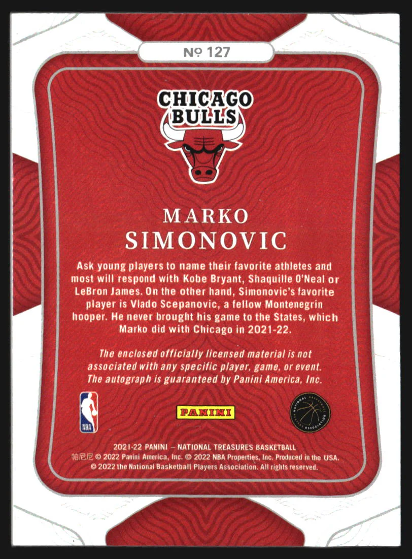 2021-22 Panini National Treasures #127 Marko Simonovic RC Jersey Auto /99 - Image 2