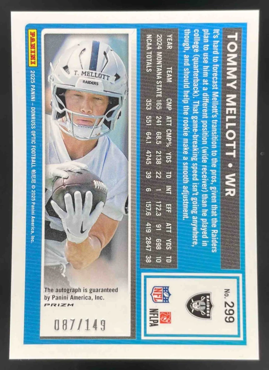 2025 Donruss Optic Rated Rookie Blue #299 Tommy Mellott Rated Rookie Auto /149 - Image 2