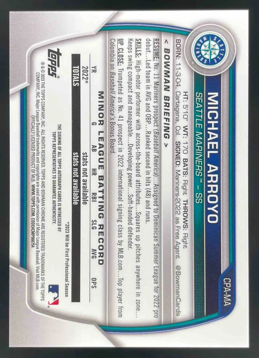2023 Bowman Chrome Prospect Autographs #CPA-MA Michael Arroyo RC Autograph Auto - Image 2