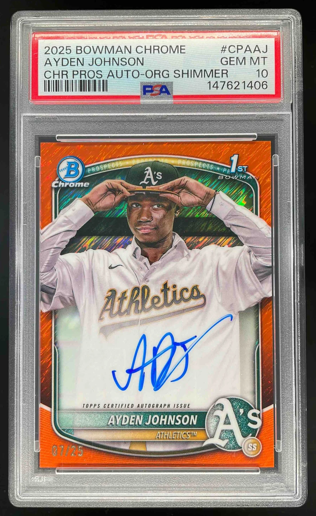 2025 Bowman Chrome Orange Shimmer Refractor #AJ Ayden Johnson RC Auto /25 PSA 10