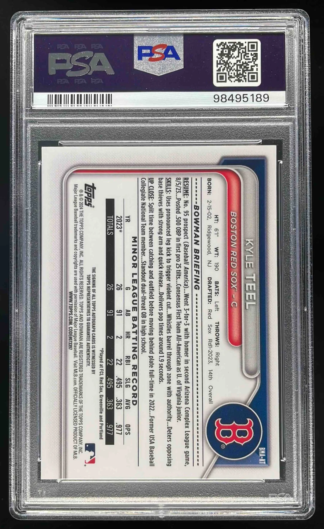2024 Bowman Mega Box Prospect Mojo Blue #BMA-KT Kyle Teel Auto /150 PSA 10 - Image 2