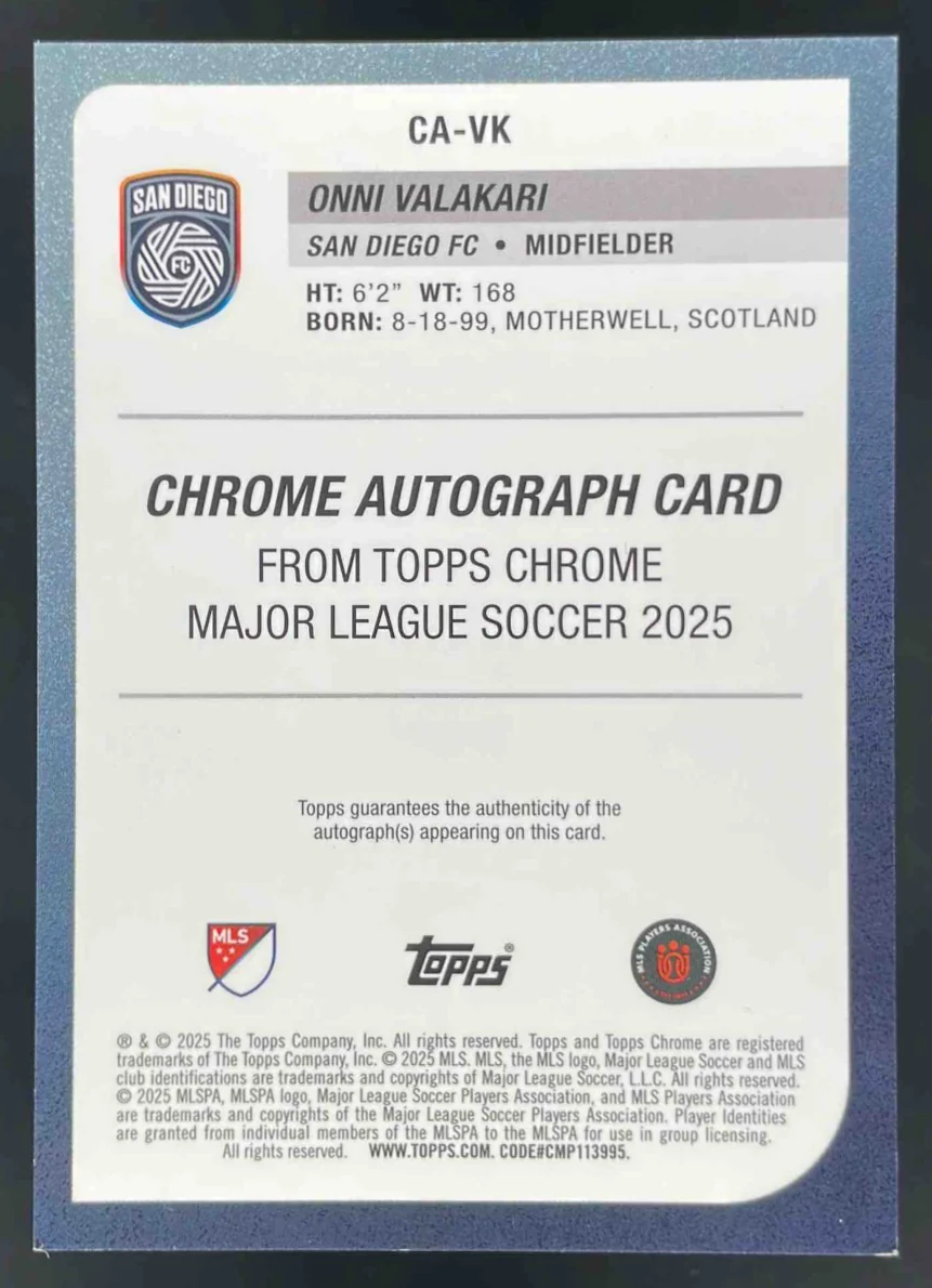 2025 Topps Chrome MLS Chrome Autographs #CA-VK Onni Valakari Auto - Image 2
