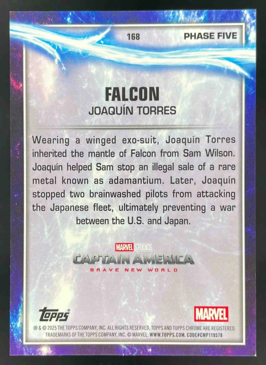 2025 Topps Chrome Marvel Studios Gold Wave Refractor #168 Falcon /50 - Image 2