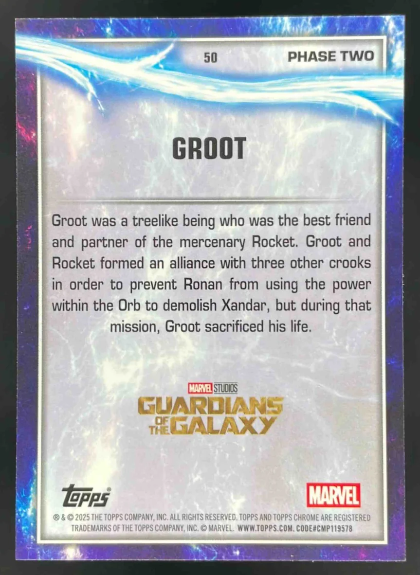 2025 Topps Chrome Marvel Studios Sapphire Green Refractor #50 Groot /99 - Image 2
