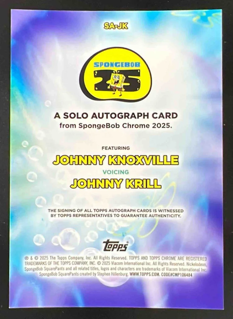 2025 Topps Chrome SpongeBob Sapphire Johnny Knoxville Johnny Krill Auto - Image 2