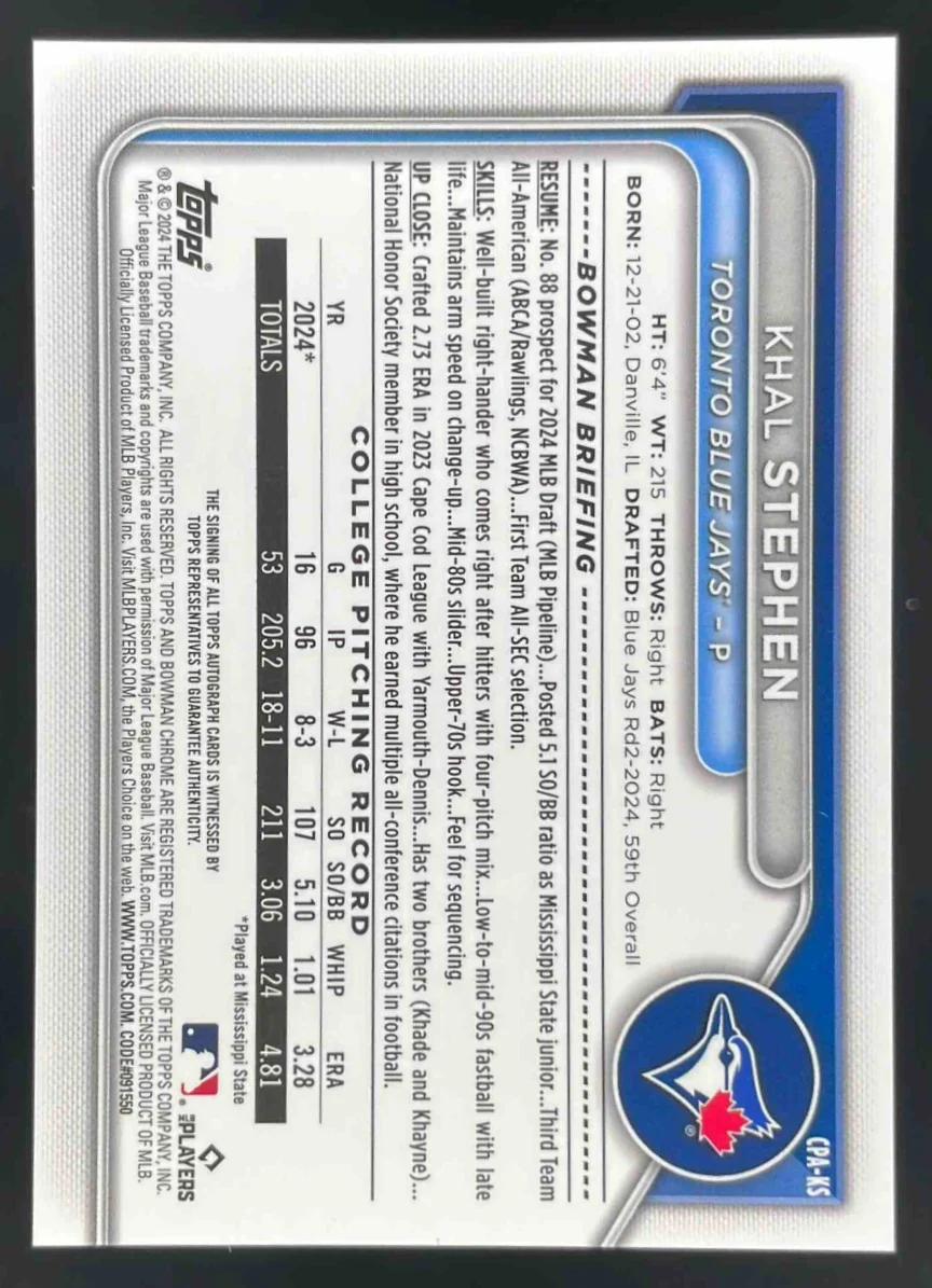2024 Bowman Draft Chrome Prospect Autographs #CPA-KS Khal Stephen RC Auto - Image 2
