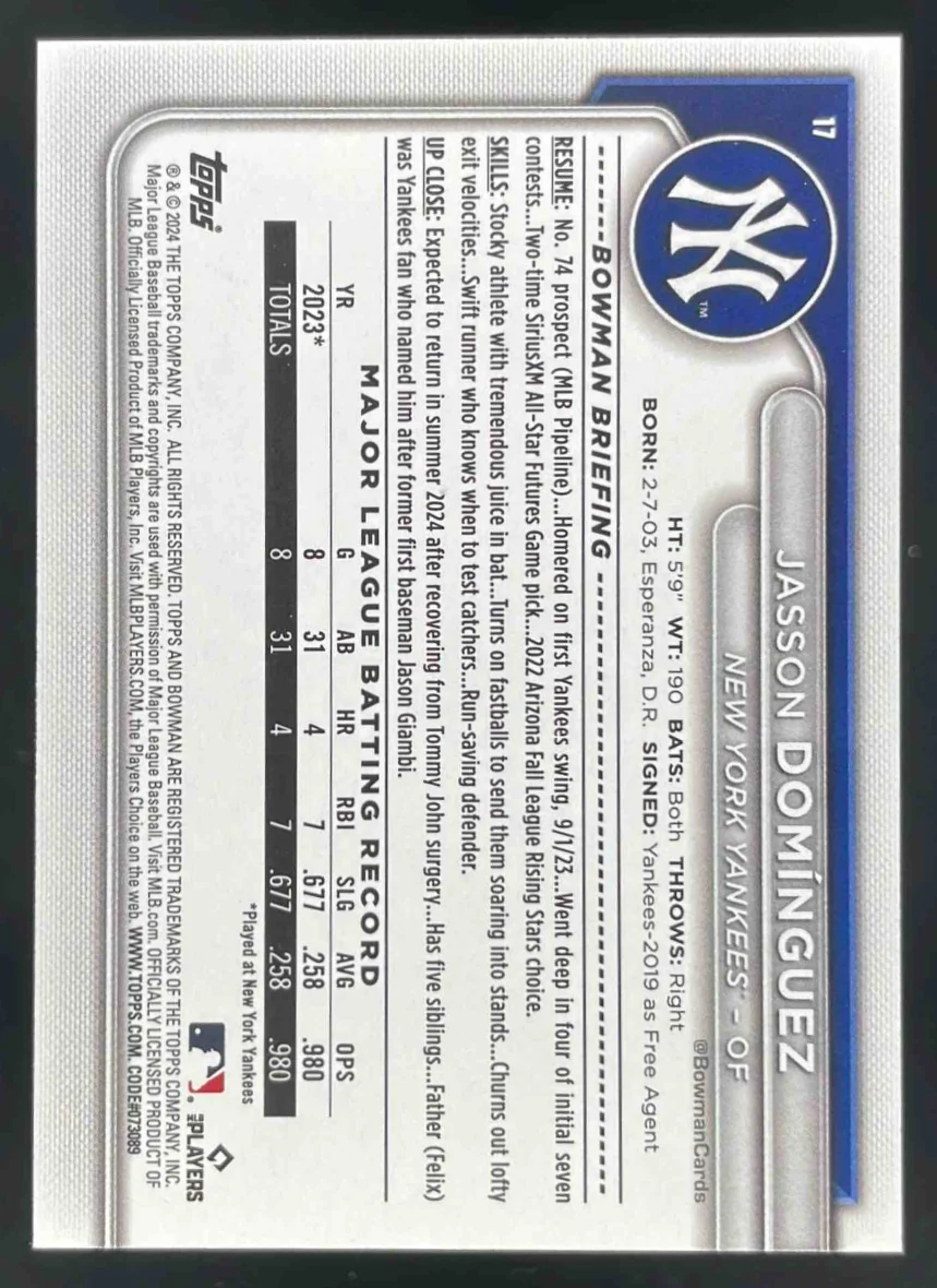2024 Bowman Gold #17 Jasson Dominguez RC /50 - Image 2