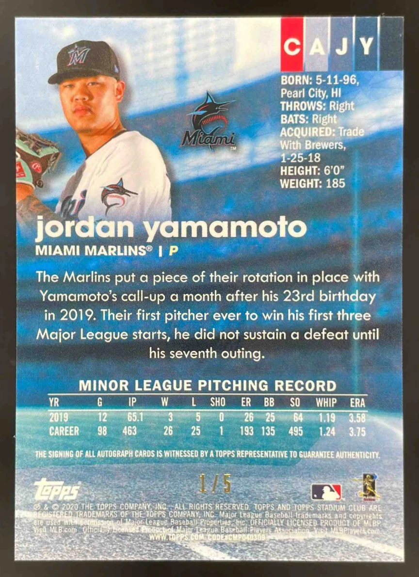 2020 Stadium Club Chrome Autographs Shimmer #CAJY Jordan Yamamoto RC Auto /5 - Image 2