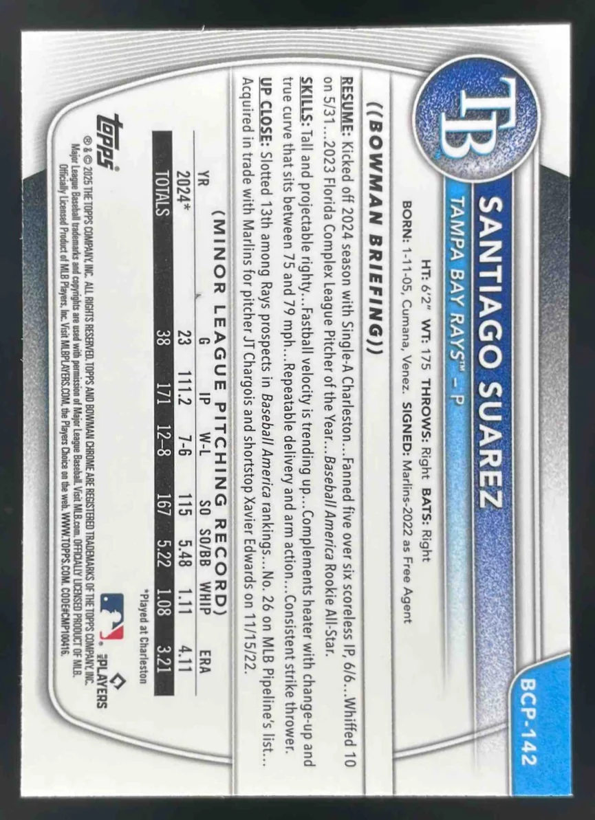 2025 Bowman Chrome Yellow Wave Refractor #BCP-142 Santiago Suarez RC /75 - Image 2