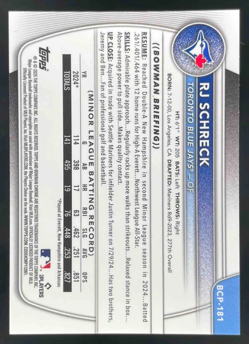 2025 Bowman Chrome Sapphire Yellow Refractor #BCP-181 RJ Schreck RC /75 - Image 2