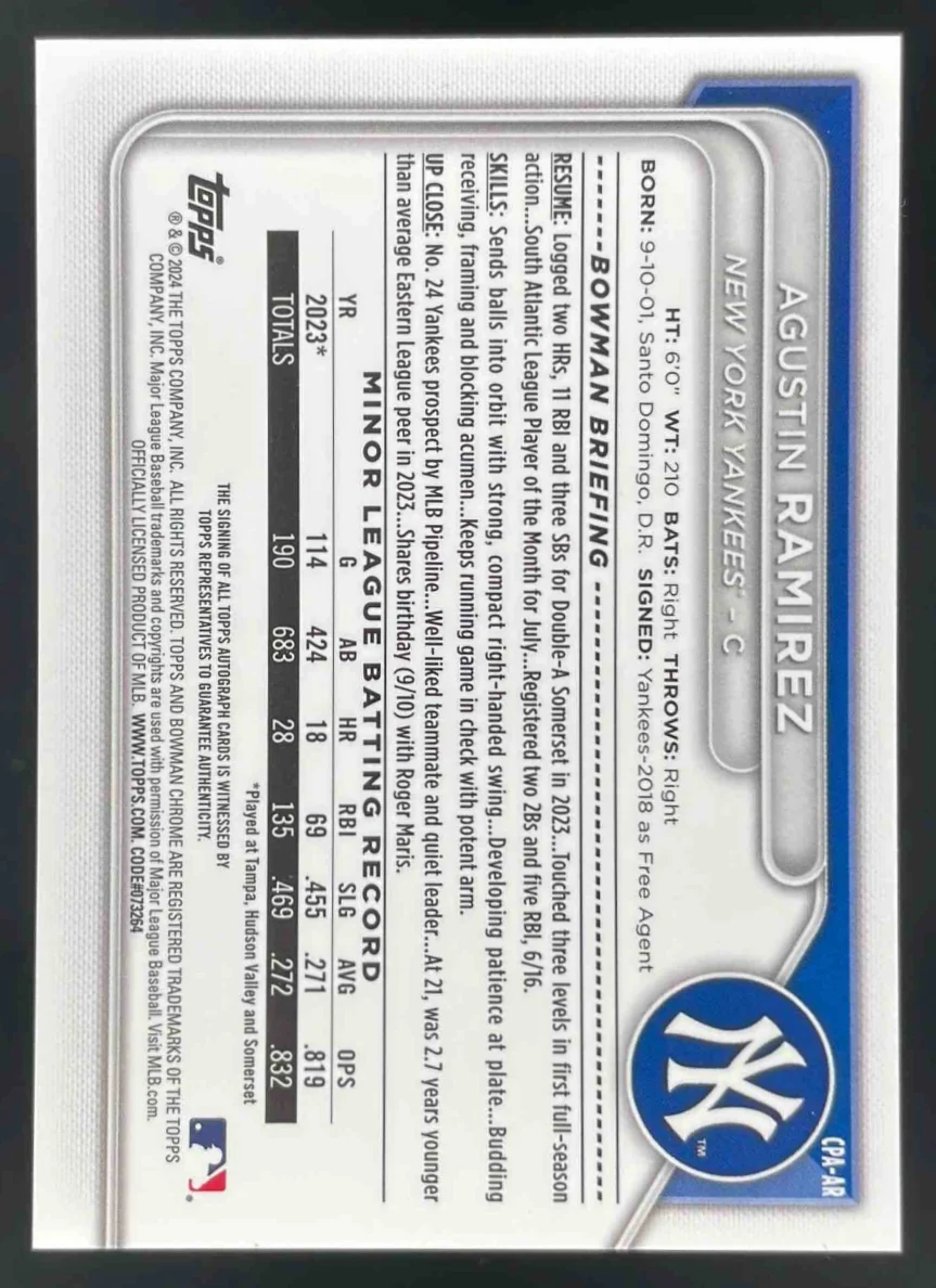 2024 Bowman Chrome Prospect Autographs #CPA-AR Agustin Ramirez RC Auto - Image 2