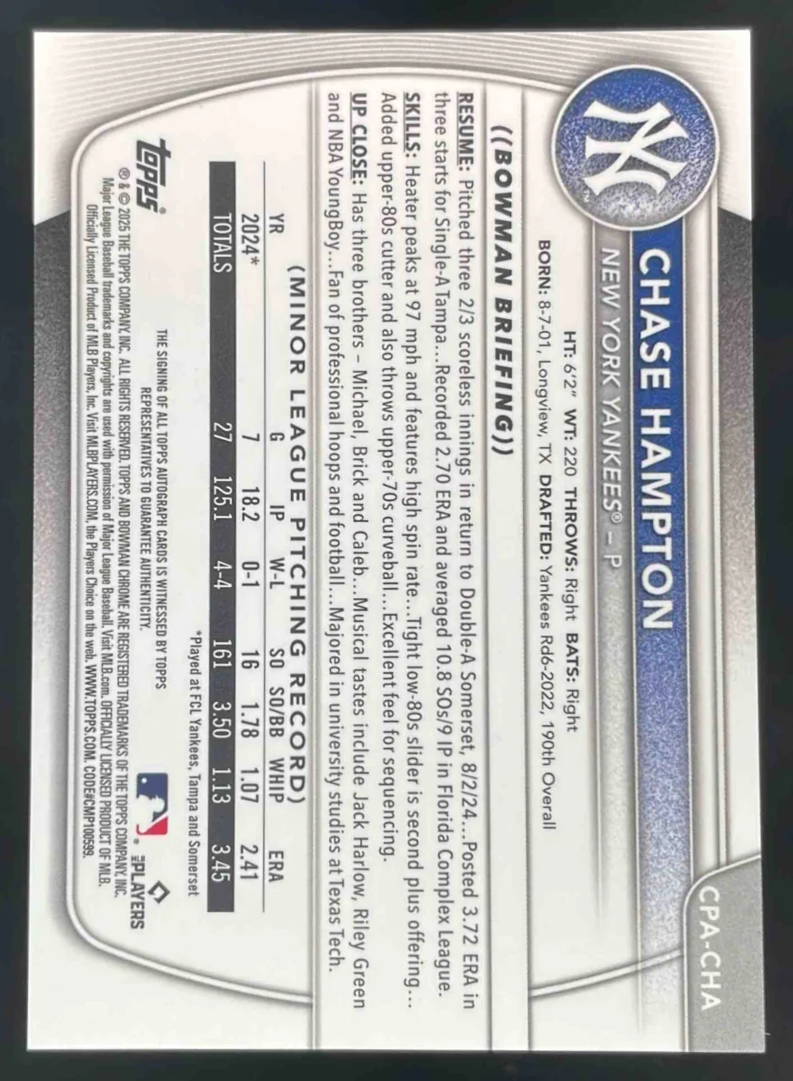 2025 Bowman Chrome Chrome Prospect Autograph #CPA-CHA Chase Hampton Auto - Image 2