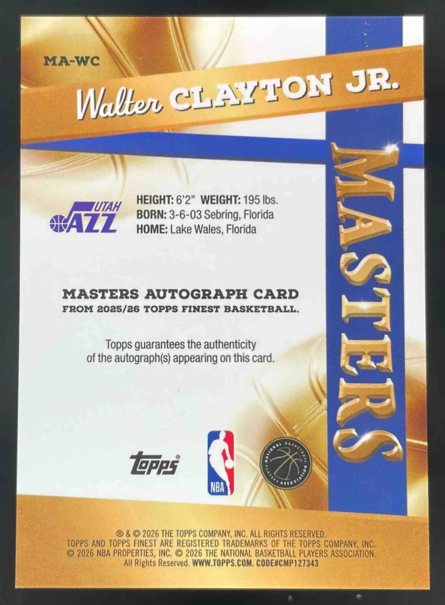 2025 Topps Finest Masters Orange Geometric #MA-WC Walter Clayton Jr. RC Auto /15 - Image 2